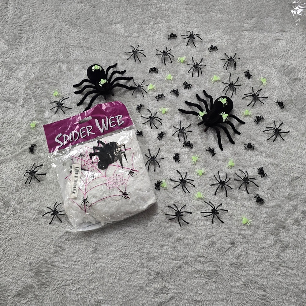 Halloween Spider Web Set with Fuzzy Spiders and Glow in the Dark Mini Spiders 60
